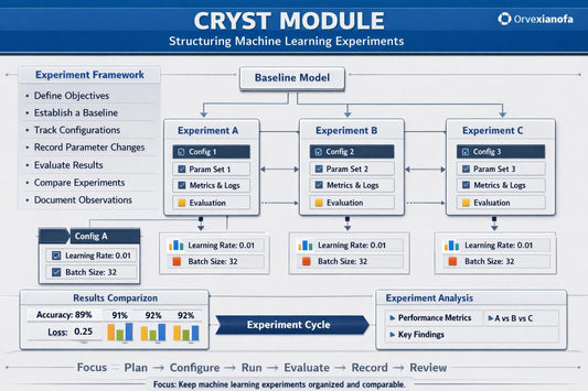 A digital slide titled 'CRYST MODULE' from Orvexianoa, outlining a 'Structuring Machine Learning Experiments' framework. The slide features a blue header and a white background with diagrams of three experiments (A, B, C) showing configuration options like learning rate and batch size, alongside a results comparison table and an experiment cycle diagram.