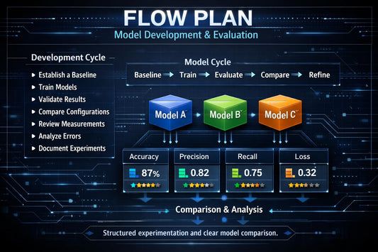 A digital infographic titled 'FLOW PLAN Model Development & Evaluation' on a dark blue tech-themed background. It outlines a development cycle and model cycle with boxes for Baseline, Train, Evaluate, Compare, and Refine, plus three colored model boxes labeled Model A, Model B, and Model C with accuracy, precision, recall, and loss metrics shown below.
