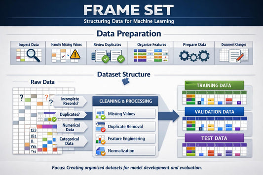 An infographic titled 'FRAME SET' explaining data preparation and dataset structure for machine learning, with icons, text labels, and color-coded sections for raw data, cleaning, training/validation/test data.