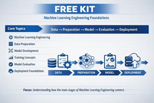 An infographic titled 'FREE KIT Machine Learning Engineering Foundations' with a blue header and a light blue grid background. It outlines core topics such as machine learning engineering, data preparation, model development, training concepts, model evaluation, and deployment foundations, using icons and arrows to show the data preparation, model, and deployment workflow.