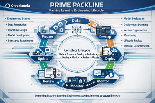 An infographic titled 'PRIME PACKLINE Machine Learning Engineering Lifecycle' by Orvexianoa, showing a circular workflow with stages labeled Data, Prepare, Develop, Deploy, Monitor, Review, and Update, with supporting text lists around the cycle.