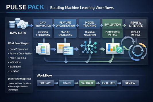 A dark blue infographic titled 'PULSE PACK' showing a machine learning workflow diagram with labeled stages: raw data, data preparation, feature organization, model training, evaluation, and review & iterate. The layout includes icons, arrows, and a simplified workflow row at the bottom.