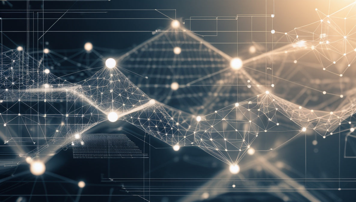 Abstract digital background featuring a glowing network of white nodes and lines forming a geometric wave pattern over a dark blue and black backdrop with a warm golden light in the upper right.