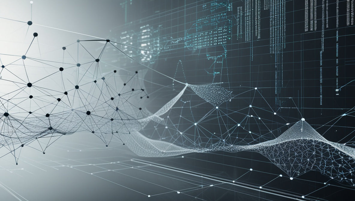 Abstract digital background featuring white and light blue geometric network lines, waveforms, and data screens on a dark gray gradient backdrop.