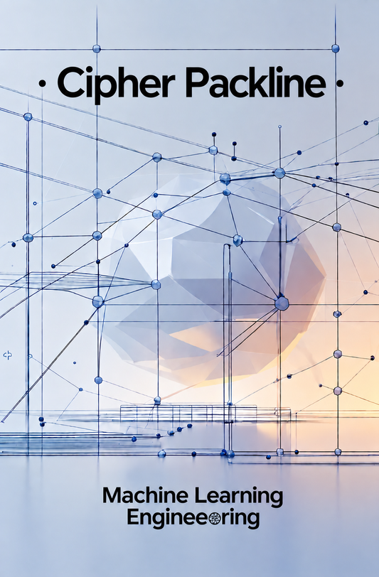 A book cover titled 'Cipher Packline' with the subtitle 'Machine Learning Engineering', featuring a blue and white geometric network design with a warm orange glow in the background.