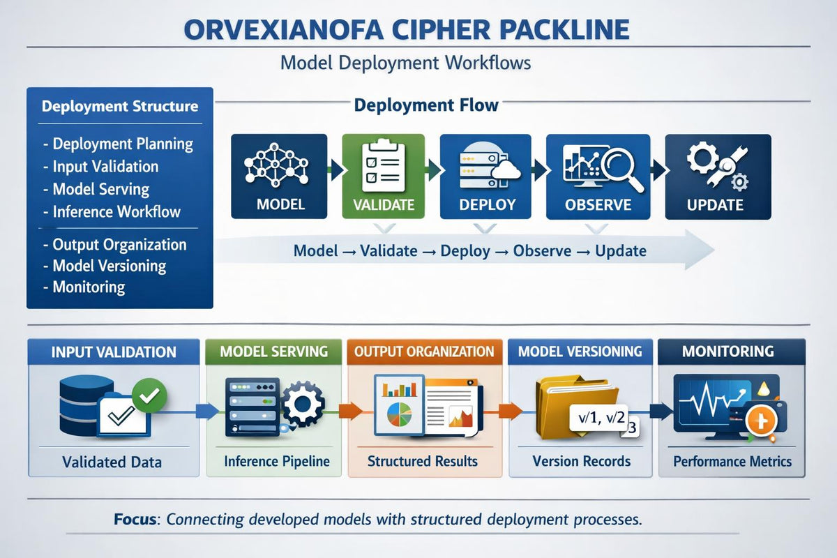 A process flowchart titled 'ORVEXIANOA CIPHER PACKLINE' with the subtitle 'Model Deployment Workflows.' The chart shows a deployment structure box on the left, a deployment flow with icons for model, validate, deploy, observe, and update in the center, and an input validation to monitoring sequence at the bottom.