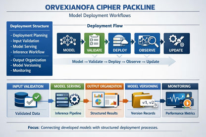 A process flowchart titled 'ORVEXIANOA CIPHER PACKLINE' with the subtitle 'Model Deployment Workflows.' The chart shows a deployment structure box on the left, a deployment flow with icons for model, validate, deploy, observe, and update in the center, and an input validation to monitoring sequence at the bottom.