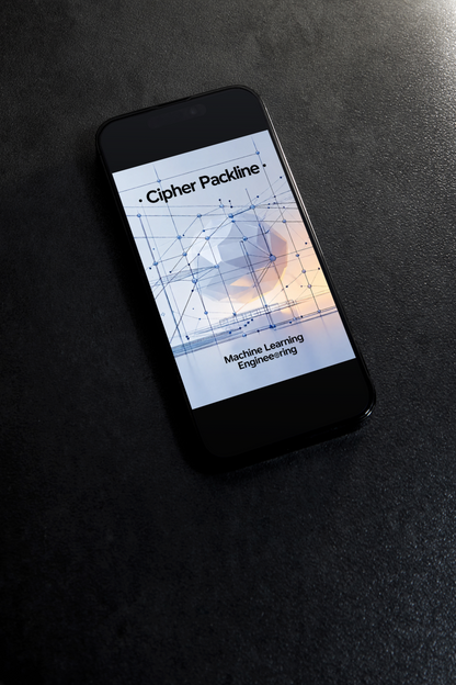 A black smartphone lying on a dark textured surface, displaying the cover art for a machine learning engineering course or pack called 'Cipher Packline'.
