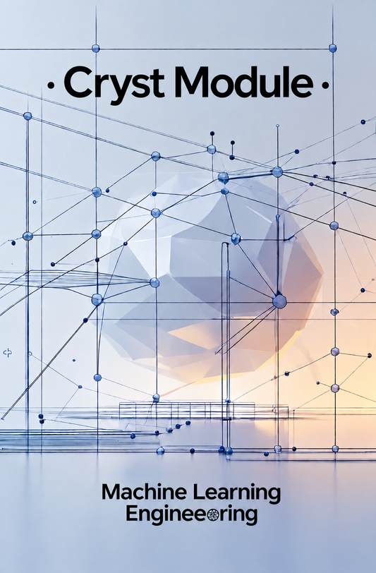 A book or course cover titled 'Cryst Module' with the subtitle 'Machine Learning Engineering,' featuring a blue geometric network illustration over a pale background.