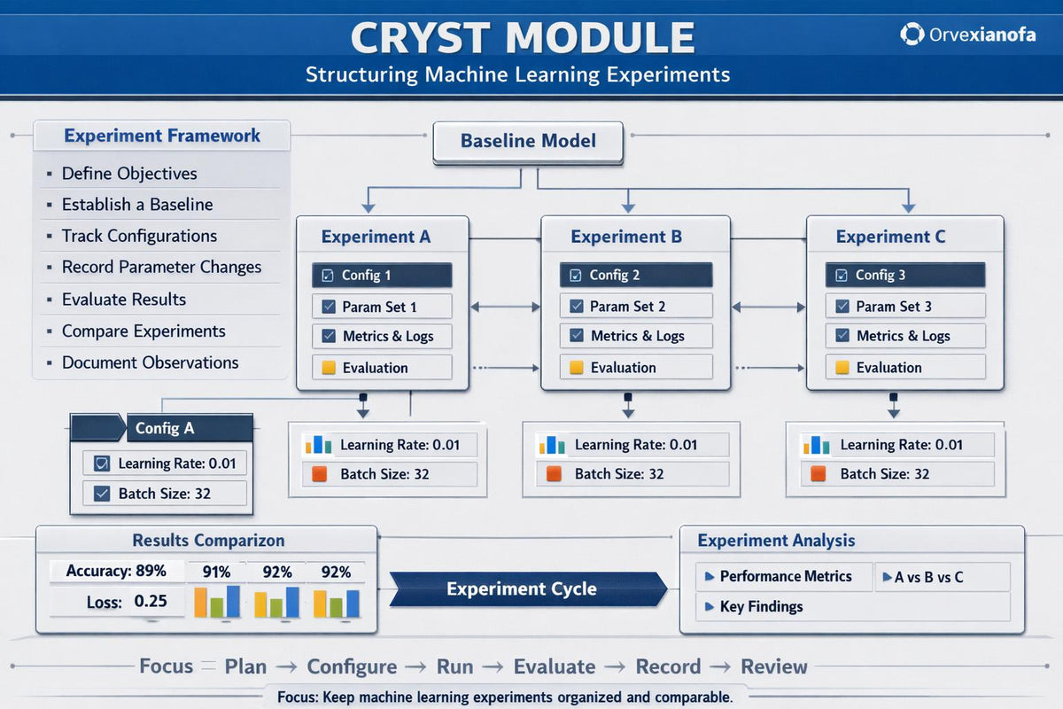 A digital slide titled 'CRYST MODULE' from Orvexianoa, outlining a 'Structuring Machine Learning Experiments' framework. The slide features a blue header and a white background with diagrams of three experiments (A, B, C) showing configuration options like learning rate and batch size, alongside a results comparison table and an experiment cycle diagram.