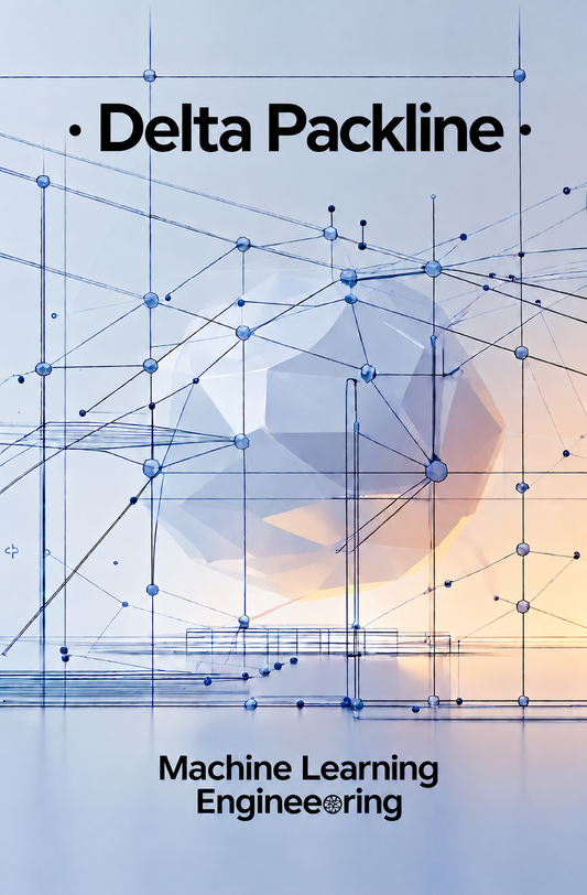 A book or course cover titled 'Delta Packline' with 'Machine Learning Engineering' at the bottom, featuring a blue geometric network illustration over a pale blue and warm beige background.