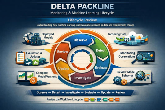 A digital infographic titled 'DELTA PACKLINE Monitoring & Machine Learning Lifecycle' showing a circular workflow diagram with colored segments labeled Observe, Detect, Evaluate, Investigate, Update, and Review, surrounded by icons and labels for deployed models, incoming data, monitoring observations, and model behavior on a dark blue background.