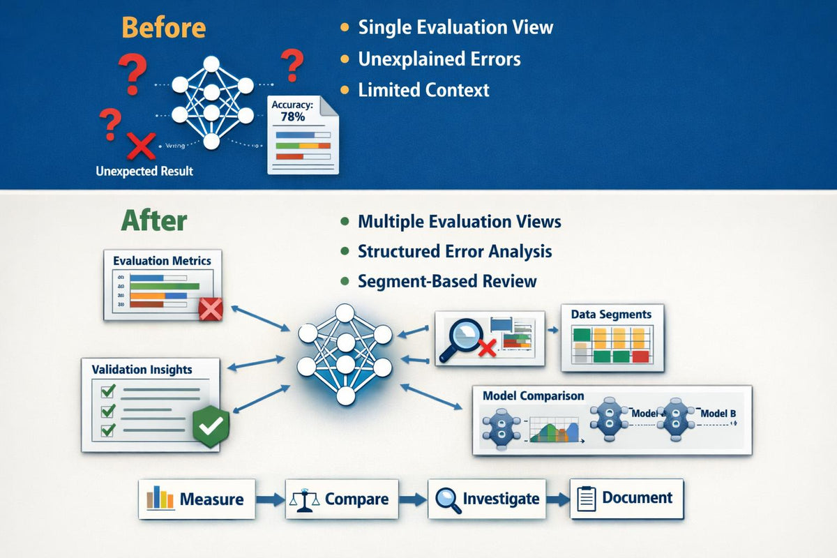 A comparison infographic labeled 'Before' and 'After' showing a workflow or evaluation process. The top section, on a dark blue background, lists benefits of the new approach: single evaluation view, explained errors, and limited context.