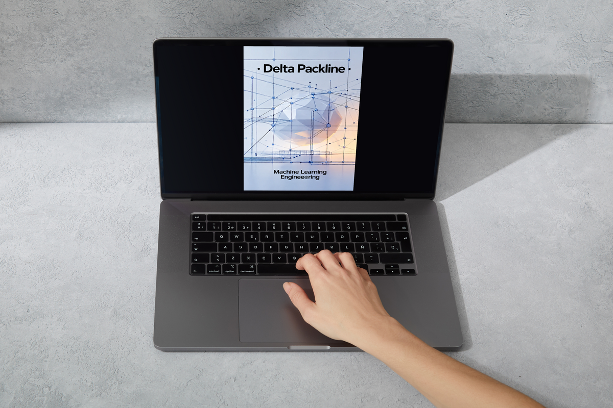 A gray laptop sits open on a light gray surface, displaying a course cover titled 'Delta Packline Machine Learning Engineering' on the screen. A person's hand is resting on the trackpad.