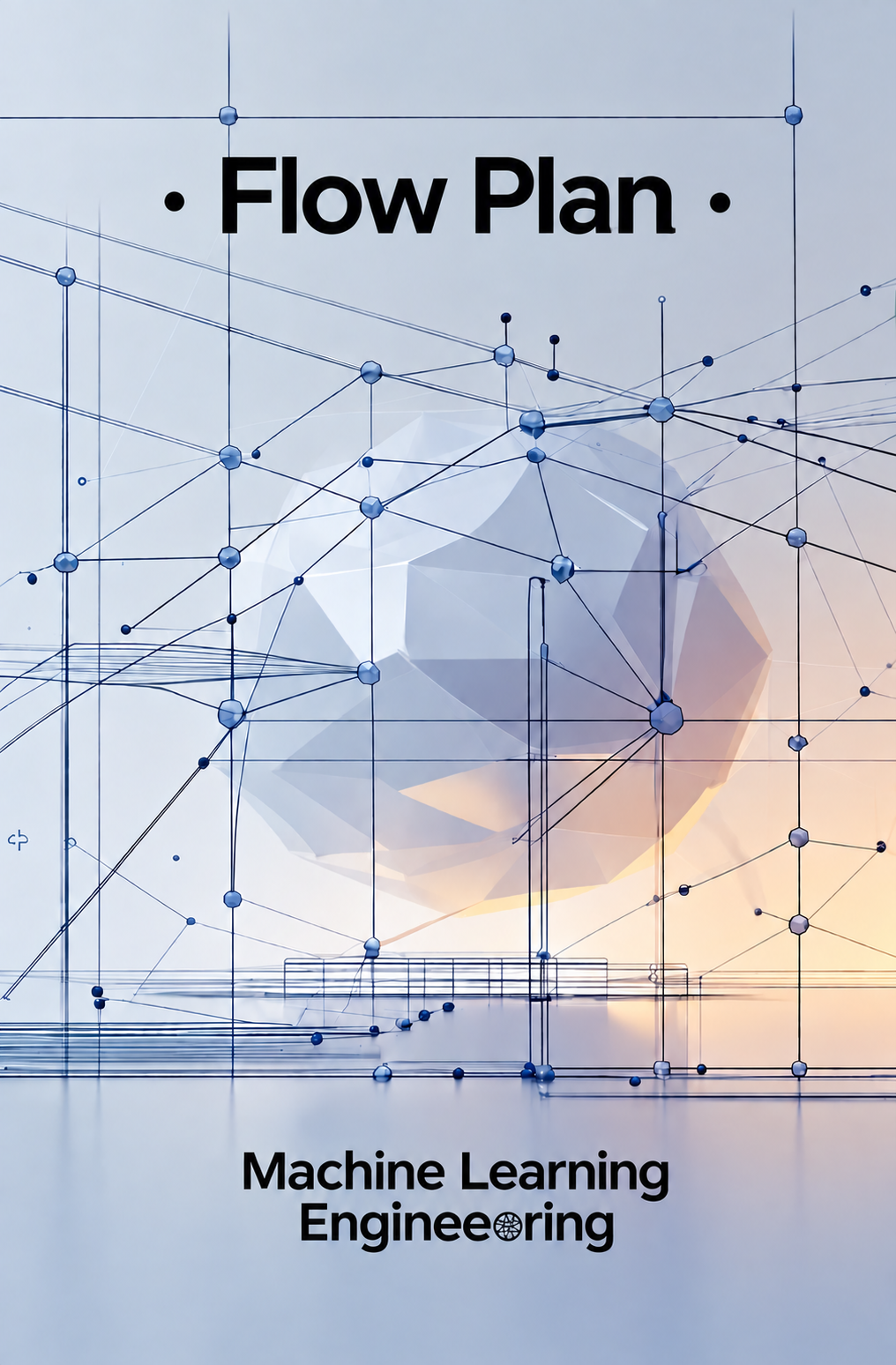 A book or digital cover titled 'Flow Plan' with the subtitle 'Machine Learning Engineering,' featuring a light blue and white abstract geometric design with blue network lines and a faceted central shape.