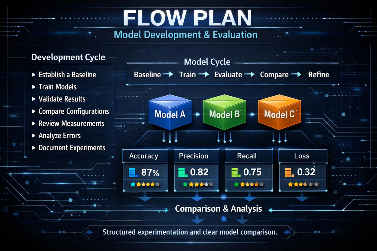 A digital infographic titled 'FLOW PLAN Model Development & Evaluation' on a dark blue tech-themed background. It outlines a development cycle and model cycle with boxes for Baseline, Train, Evaluate, Compare, and Refine, plus three colored model boxes labeled Model A, Model B, and Model C with accuracy, precision, recall, and loss metrics shown below.