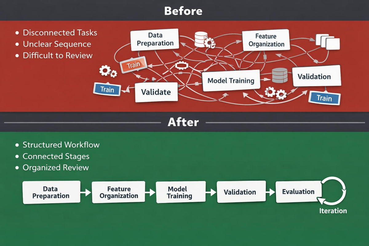 A comparison graphic showing a workflow before and after implementation. The top half, labeled 'Before' on a red background, shows a tangled process with boxes for Data Preparation, Feature Organization, Model Training, and Validation, plus bullet points about disconnected tasks and unclear sequence.
