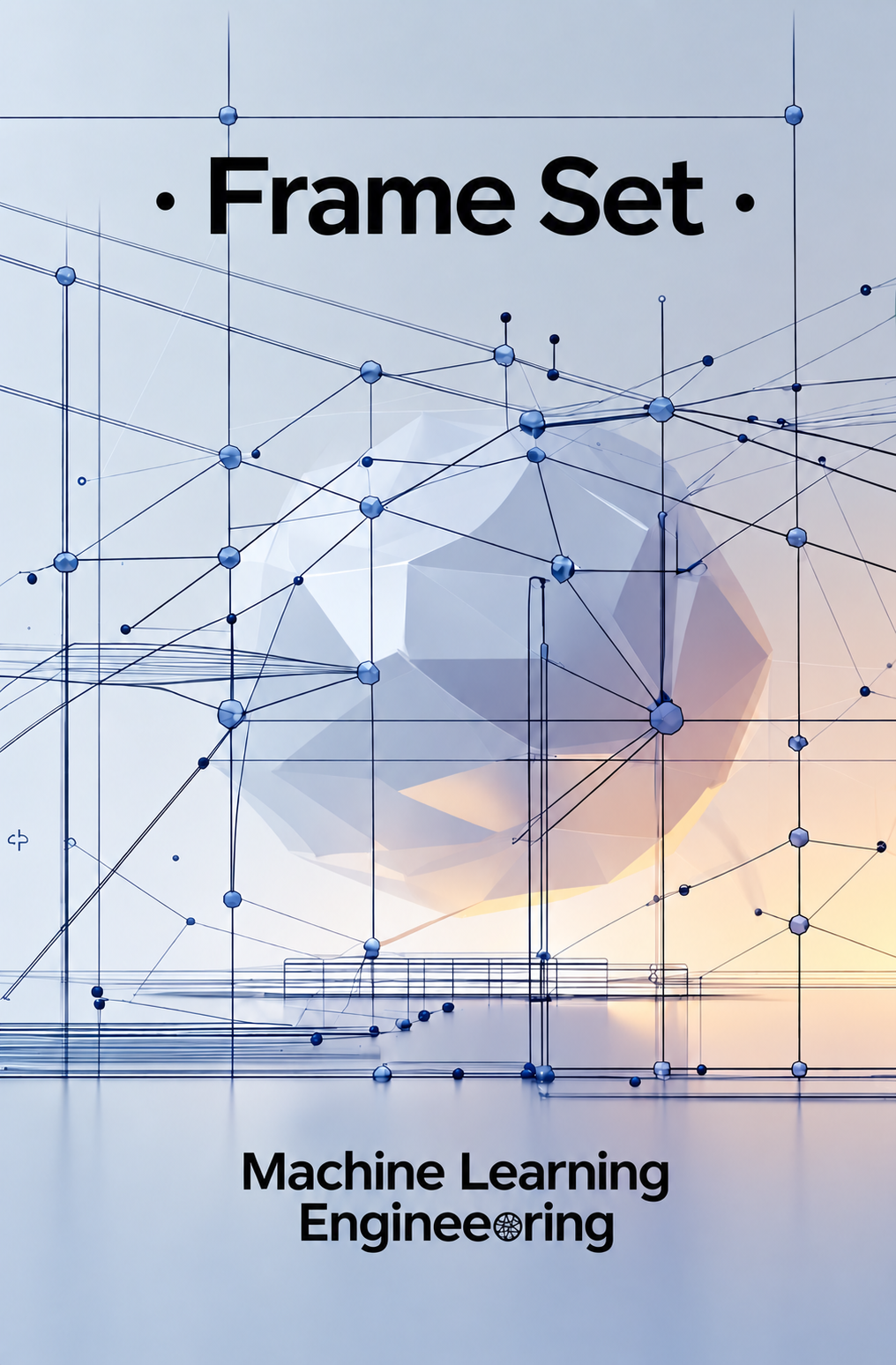 A book or course cover titled 'Frame Set' with the subtitle 'Machine Learning Engineering' on a light blue background with a geometric wireframe illustration and a faceted blue sphere.