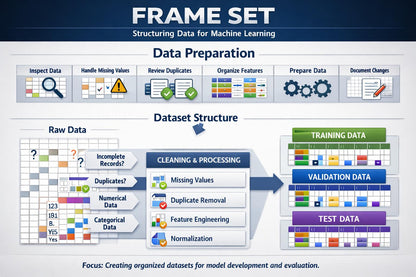 An infographic titled 'FRAME SET' explaining data preparation and dataset structure for machine learning, with icons, text labels, and color-coded sections for raw data, cleaning, training/validation/test data.