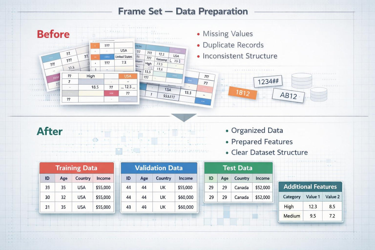 A digital infographic diagram titled 'Frame Set - Data Preparation' showing a 'Before' and 'After' comparison of data tables. The 'Before' section displays messy, multi-colored raw data sheets with labels like 'Missing Values', 'Duplicate Records', and 'Inconsistent Structure', alongside column headers '1234#', 'AB12', and 'IB1'.