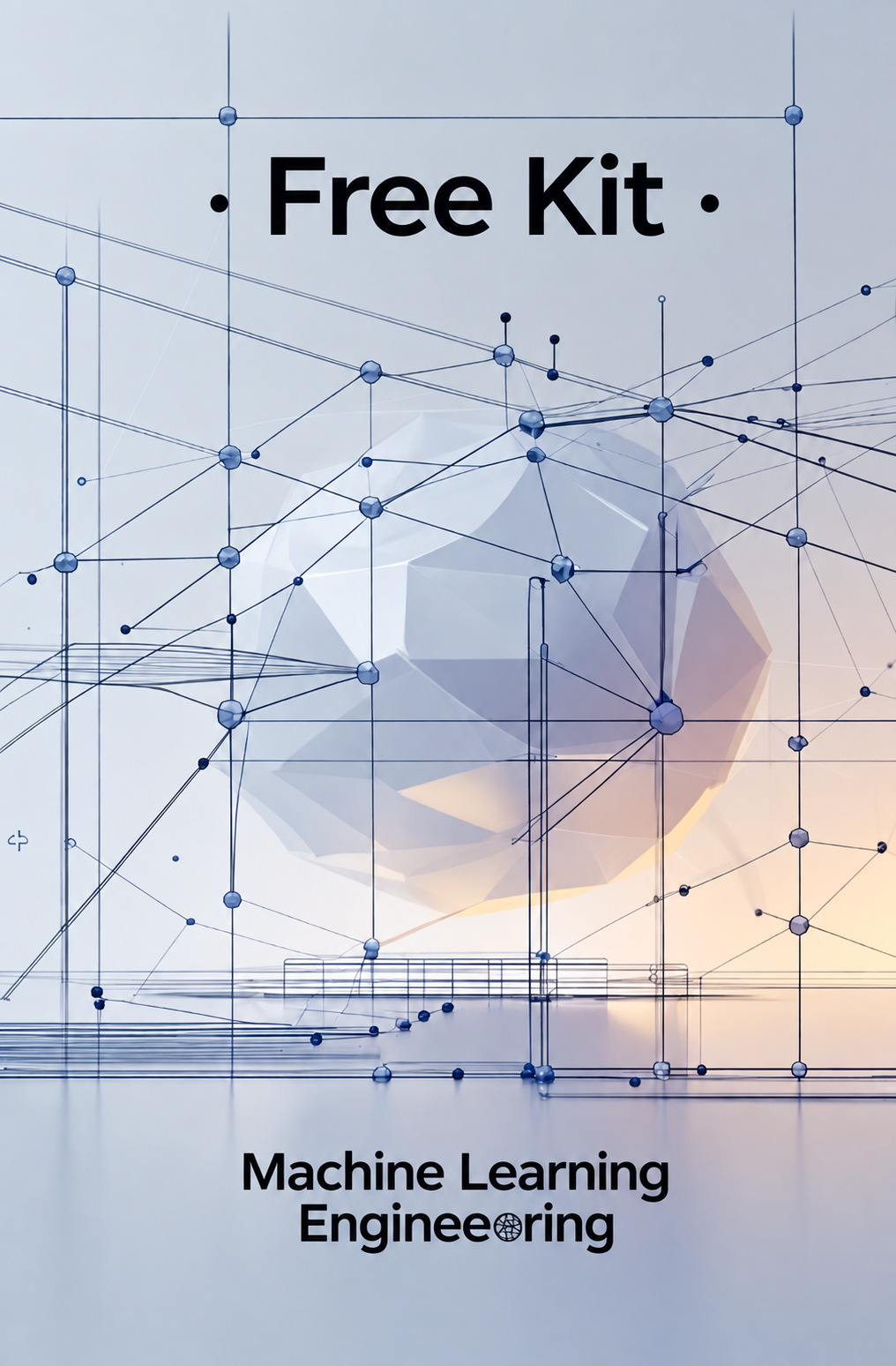 A book or digital cover design with the title 'Free Kit' at the top and 'Machine Learning Engineering' at the bottom, featuring a stylized geometric globe and network diagram in blue lines on a pale gray background.