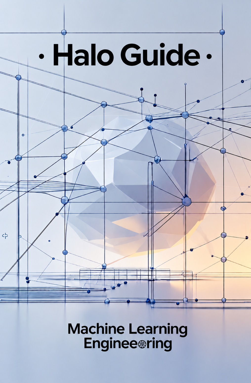 A book or guide cover titled 'Halo Guide' with the subtitle 'Machine Learning Engineering' over a stylized blue network diagram and geometric rendering on a pale background.