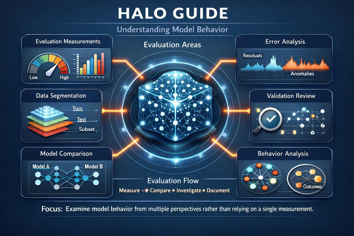 A dark blue infographic titled 'HALO GUIDE' with the subtitle 'Understanding Model Behavior.' The center shows a glowing blue data cube surrounded by connected nodes, with surrounding panels labeled Evaluation Measurements, Error Analysis, Data Segmentation, Validation Review, Model Comparison, and Behavior Analysis.