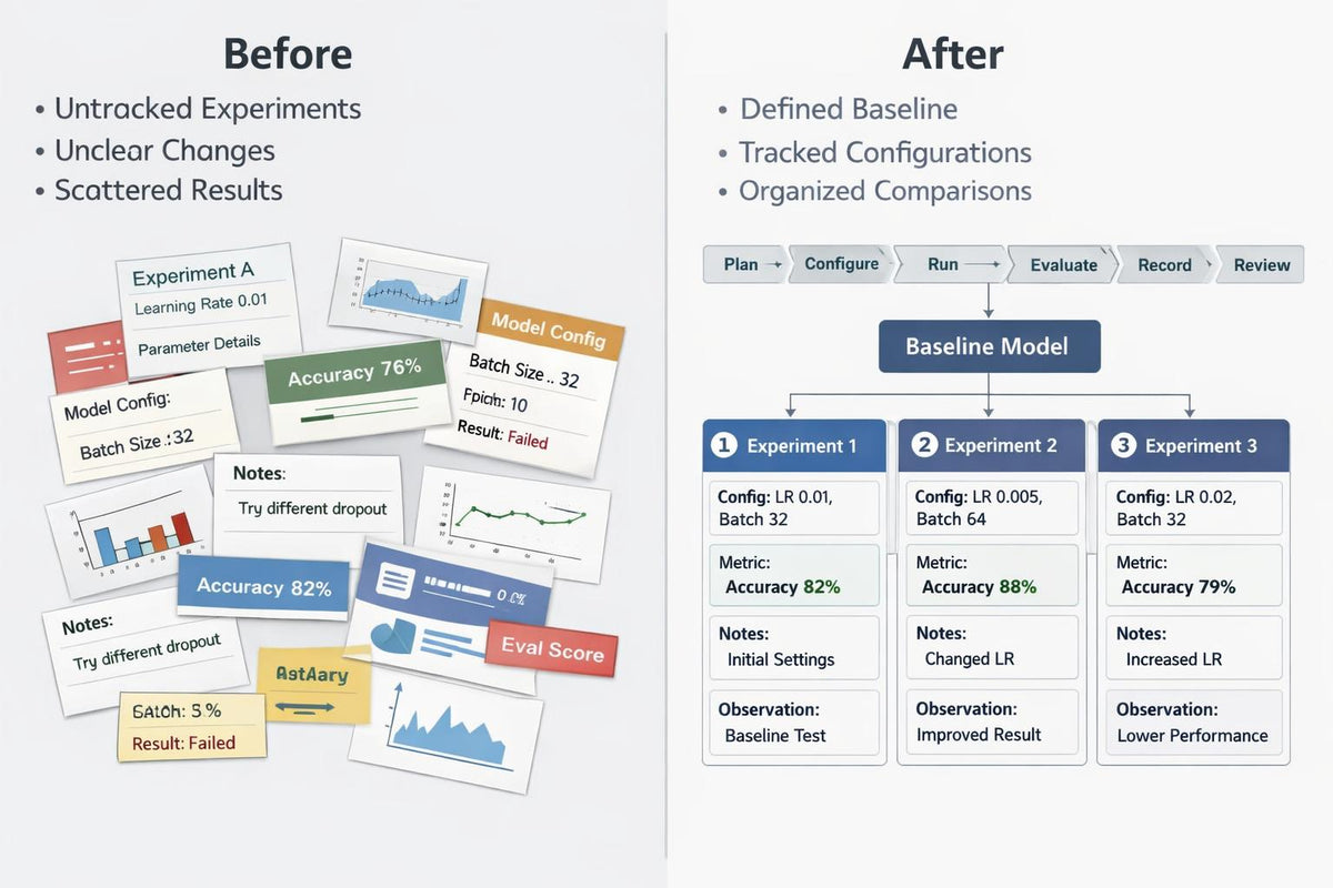 A comparison graphic labeled Before and After on a light gray background. The left side shows a collage of colorful dashboard cards and text about untracked experiments, unclear changes, and scattered results.