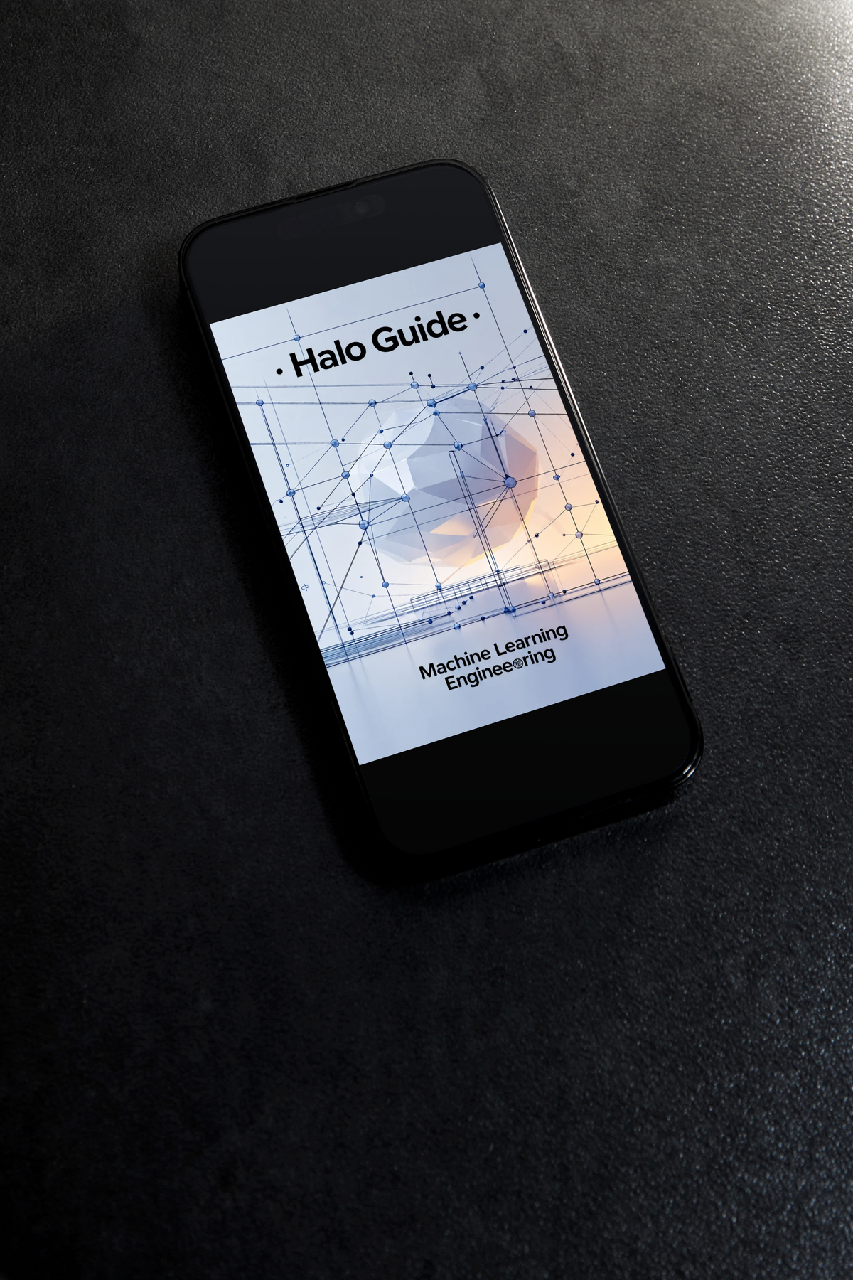 A black smartphone lying on a dark textured surface, displaying a digital cover titled 'Halo Guide: Machine Learning Engineering' with a geometric network graphic.