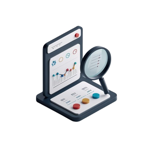 A stylized digital illustration of a desktop analytics or control panel device with a vertical screen showing charts, a magnifying glass, and several colored buttons on a white background.