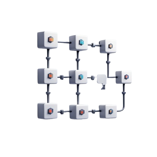 A 3x3 grid of small white square modules connected by gray pipes and lines, arranged on a plain white background.