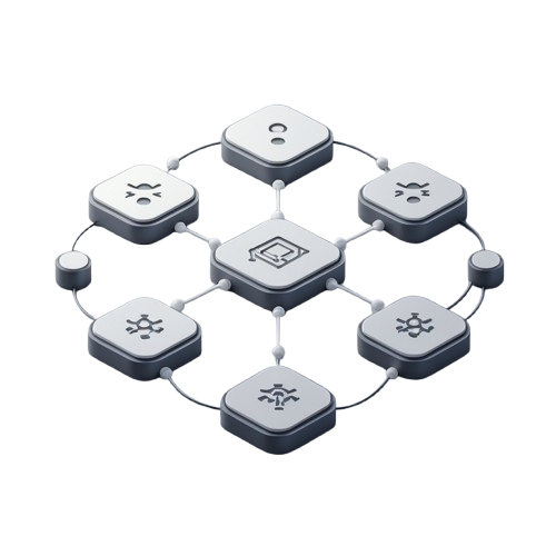 A 3D isometric illustration of a decentralized network or blockchain node system, featuring a central square node connected to six surrounding square nodes in a circular arrangement, set against a solid white background.