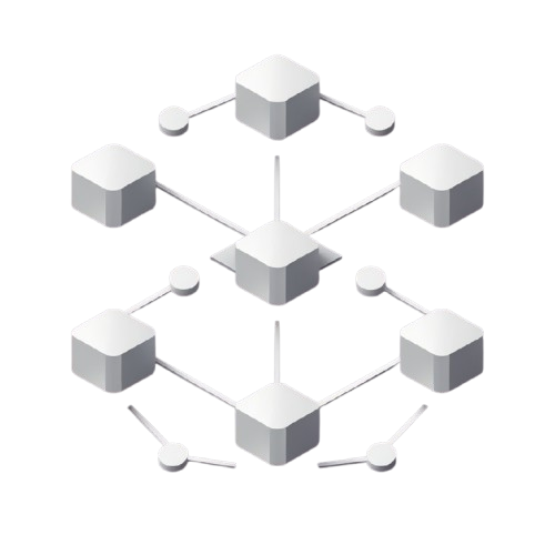 A white and light gray 3D isometric network or molecular structure diagram on a solid white background.