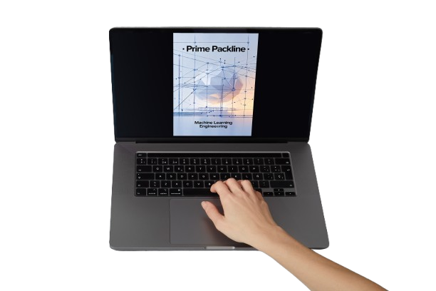 A gray laptop with a hand resting on the trackpad, displaying a digital course cover titled 'Prime Packline: Machine Learning Engineering' on its screen against a solid white background.