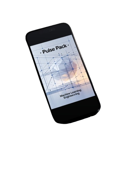 A black smartphone shown at an angle on a plain white background, with its screen displaying a cover titled 'Pulse Pack' and subtitle 'Machine Learning Engineering' over a geometric line graphic.