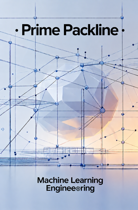A book or course cover titled 'Prime Packline' with the subtitle 'Machine Learning Engineering' over a blue and gray abstract geometric network illustration on a pale background.