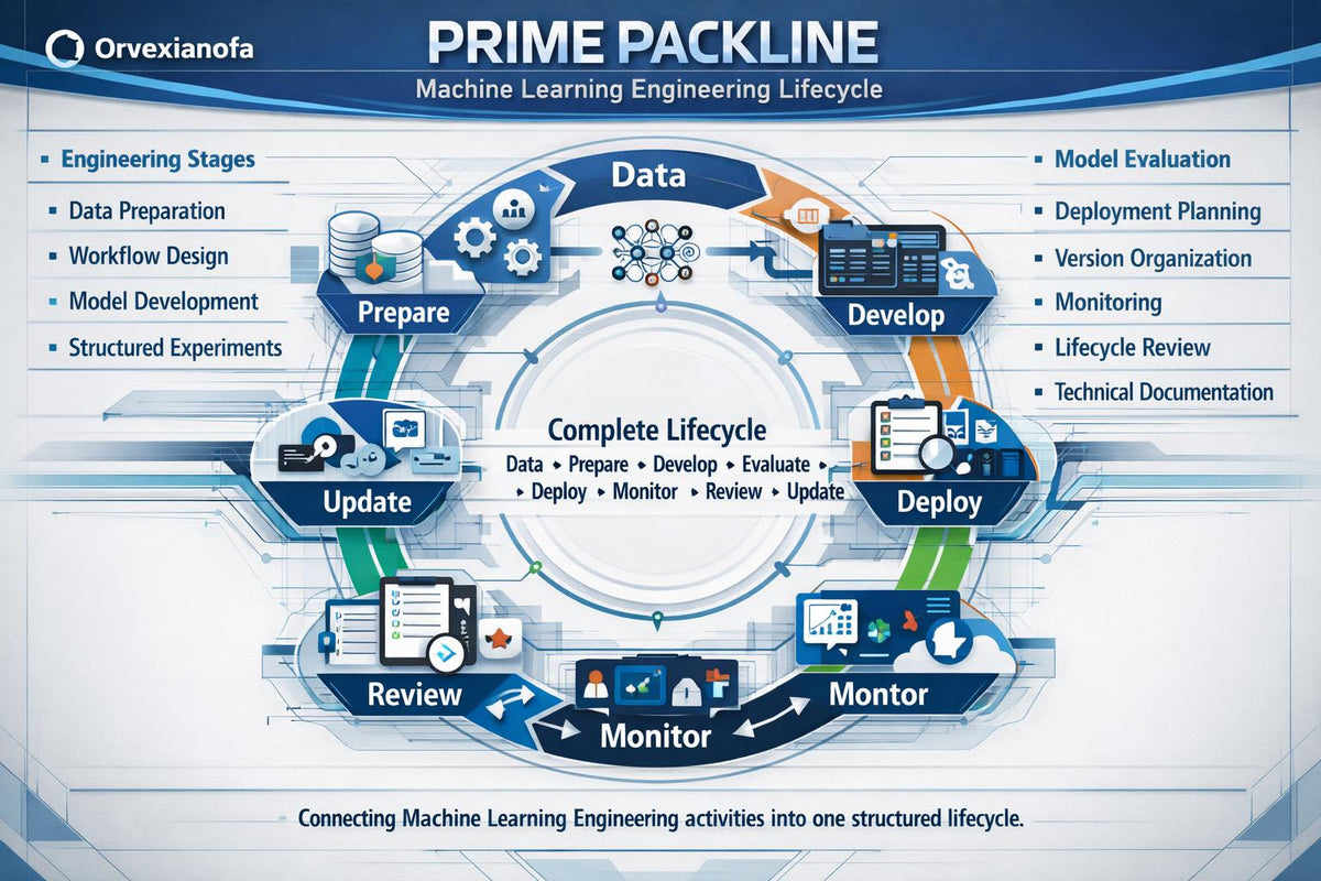 An infographic titled 'PRIME PACKLINE Machine Learning Engineering Lifecycle' by Orvexianoa, showing a circular workflow with stages labeled Data, Prepare, Develop, Deploy, Monitor, Review, and Update, with supporting text lists around the cycle.
