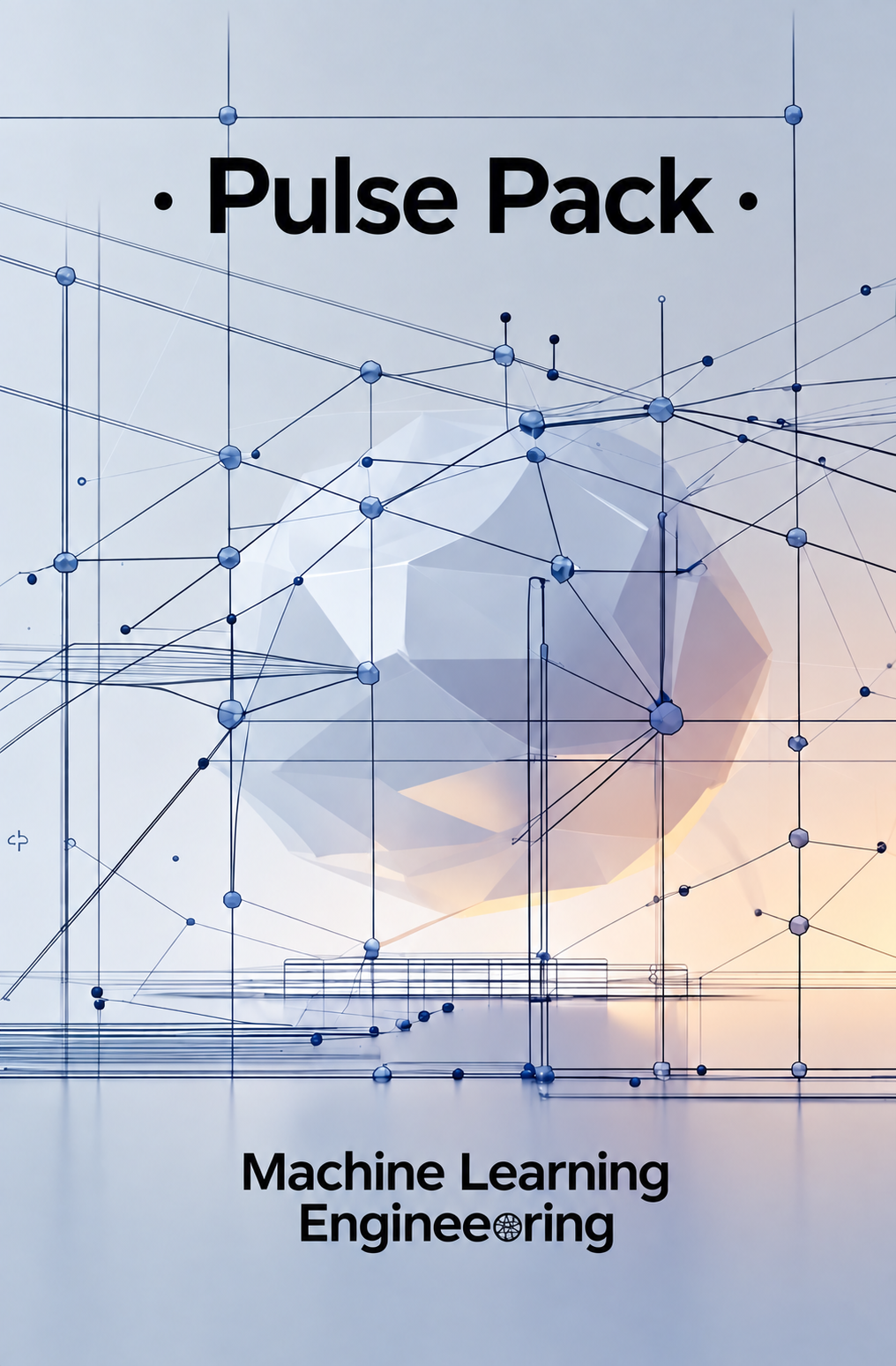 A book or digital cover design titled 'Pulse Pack' with the subtitle 'Machine Learning Engineering,' featuring a pale blue and white geometric network illustration with a central faceted sphere and black text.