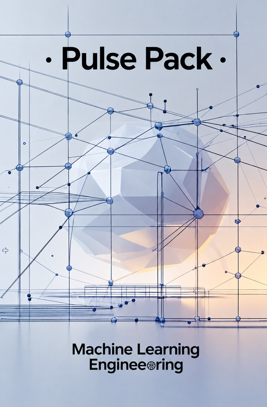 A book or digital cover design titled 'Pulse Pack' with the subtitle 'Machine Learning Engineering,' featuring a pale blue and white geometric network illustration with a central faceted sphere and black text.