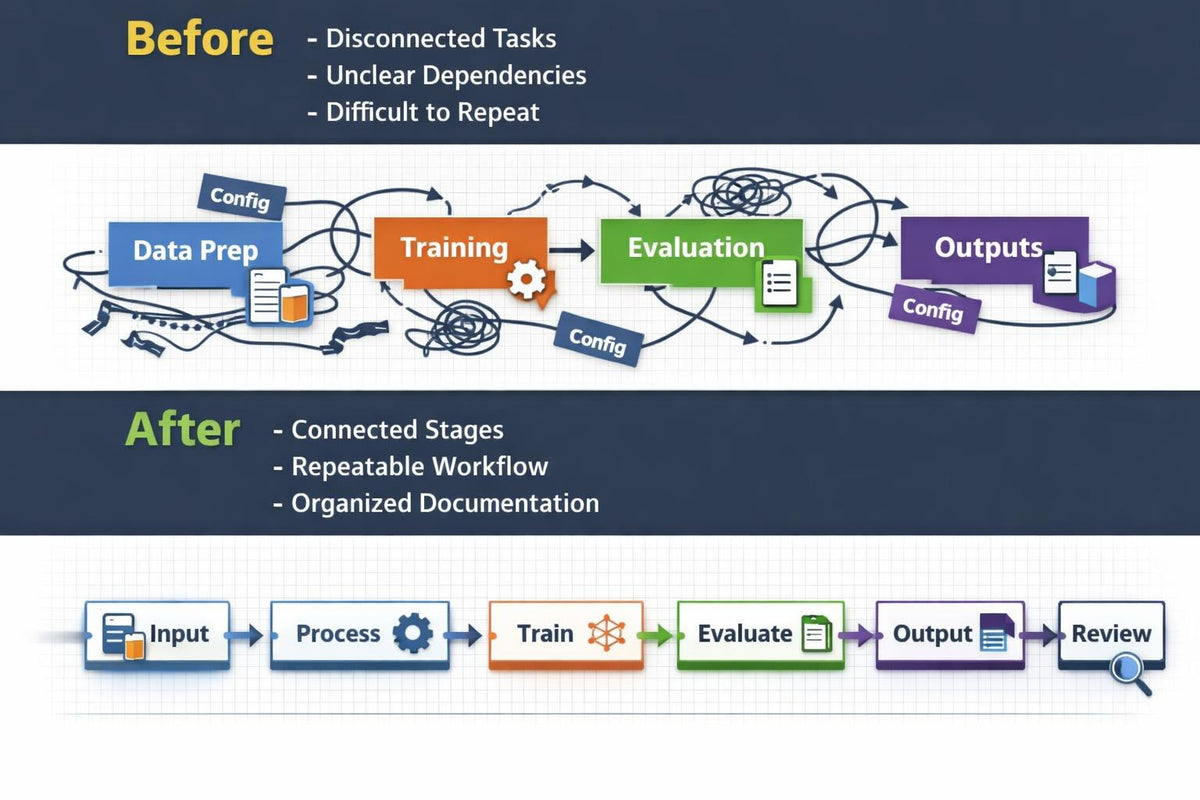 A before-and-after workflow comparison graphic. The top section labeled 'Before' shows a disconnected, tangled process with boxes for Data Prep, Training, Evaluation, and Outputs, with bullet points describing issues like disconnected tasks and unclear dependencies.
