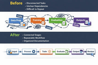A before-and-after workflow comparison graphic. The top section labeled 'Before' shows a disconnected, tangled process with boxes for Data Prep, Training, Evaluation, and Outputs, with bullet points describing issues like disconnected tasks and unclear dependencies.