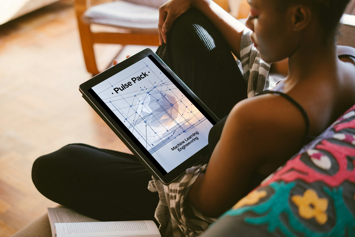 A person sitting indoors holds a tablet displaying a course or ebook cover titled 'Pulse Pack: Machine Learning Engineering'.