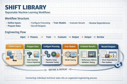 An infographic titled 'SHIFT LIBRARY' on a light gray grid background, showing a workflow process for reusable machine learning workflows. The diagram includes sections for Define Inputs, Prepare Data, Configure Processing, Train Models, Evaluate Results, and Record Outputs, with arrows indicating the workflow flow and a blue circular gear icon at the bottom right.