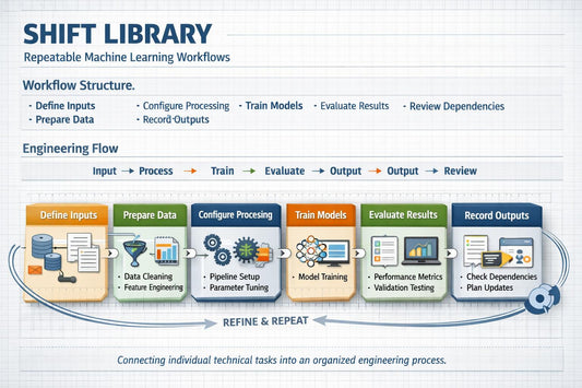 An infographic titled 'SHIFT LIBRARY' on a light gray grid background, showing a workflow process for reusable machine learning workflows. The diagram includes sections for Define Inputs, Prepare Data, Configure Processing, Train Models, Evaluate Results, and Record Outputs, with arrows indicating the workflow flow and a blue circular gear icon at the bottom right.