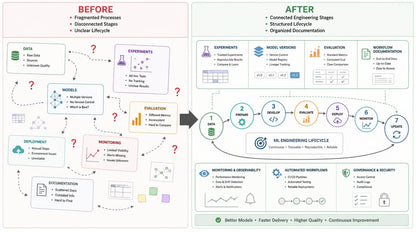 A comparison infographic titled 'BEFORE' and 'AFTER' showing a before-and-after workflow for ML engineering. The left 'BEFORE' side depicts fragmented, disconnected stages with labeled boxes like data, models, experiments, deployment, monitoring, and documentation.